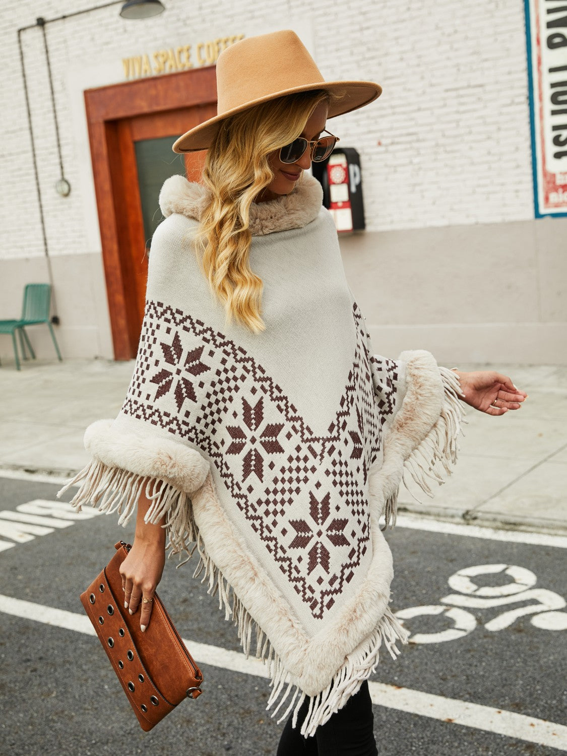 Fringe Geometric Cape Sleeve Poncho - XathletiX