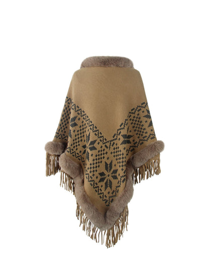 Fringe Geometric Cape Sleeve Poncho - XathletiX