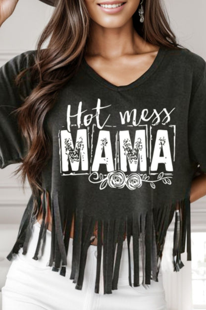 HOT MESS MAMA Fringe Round Neck T-Shirt - XathletiX