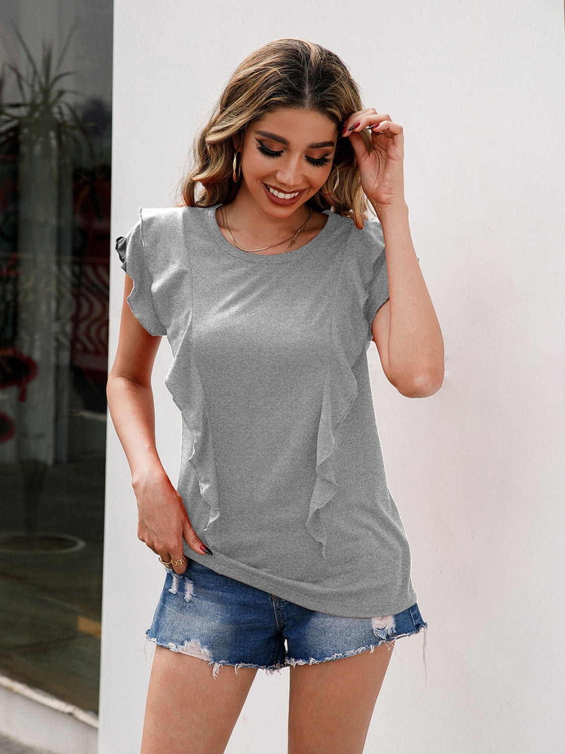 Ruffled Round Neck Cap Sleeve T-Shirt - XathletiX