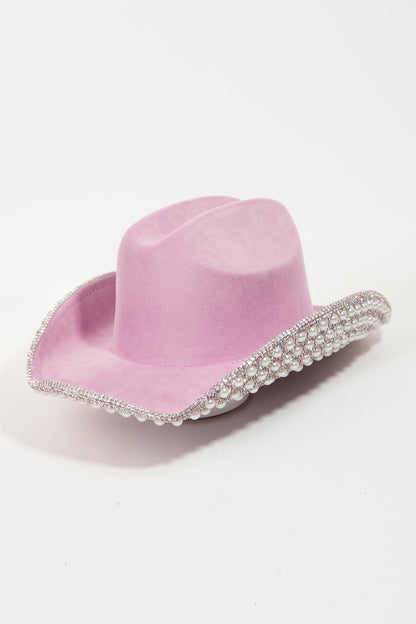 Fame Pave Rhinestone Pearl Trim Cowboy Hat - XathletiX