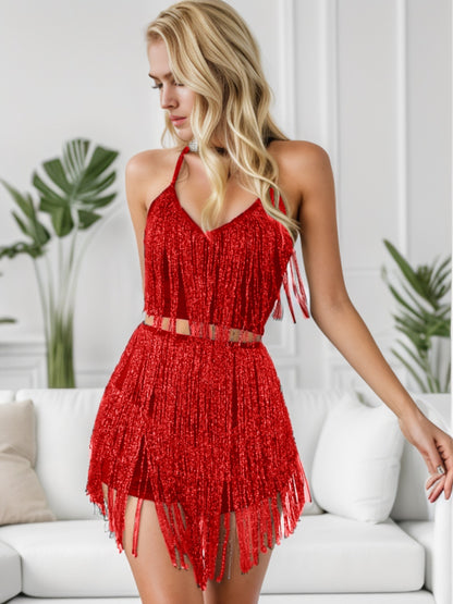 Fringe Halter Neck Top and Shorts Set