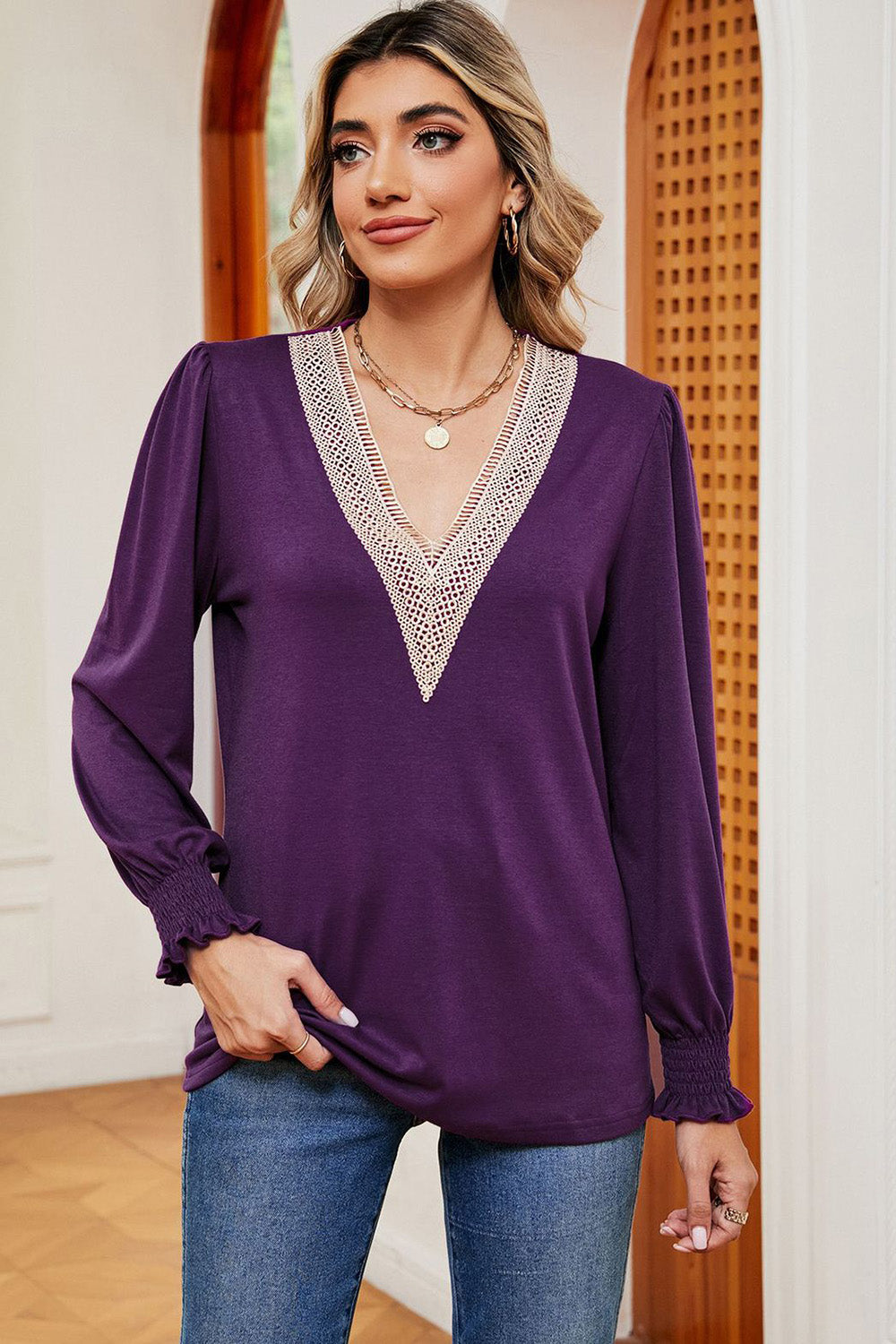 Lace Detail V-Neck Lantern Sleeve T-Shirt - XathletiX