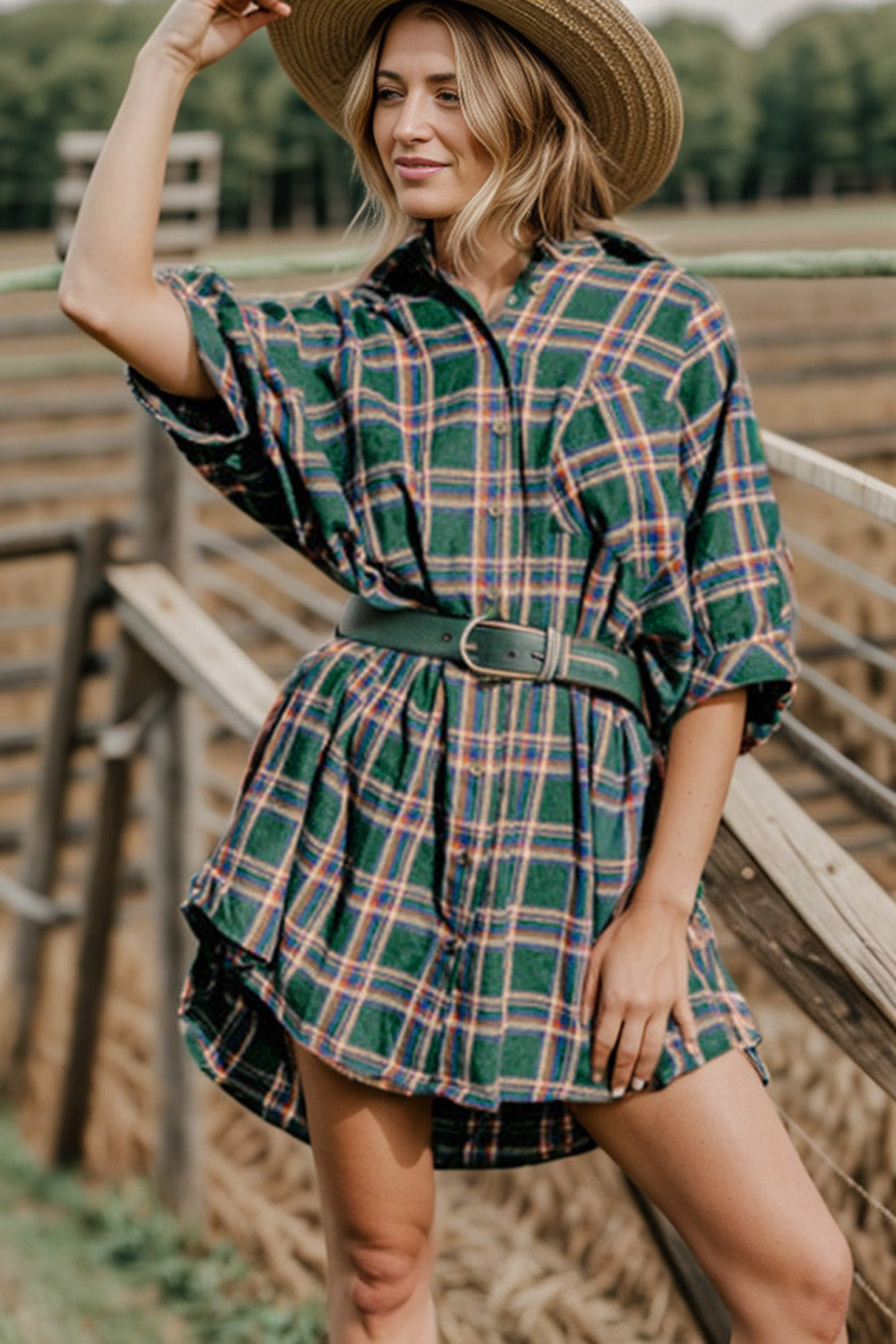 Plaid Button Up Collared Neck Shirt Dress - XathletiX